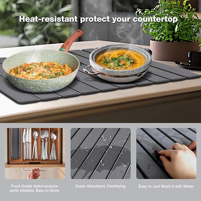 Large Diatomite Kitchen Counter Drying Mat – 24”x16”, Aesthetic Stone Mat for Dishes, Roll-Up Space-Saving & Quick-Drying Stone Rack, Dark Grey
