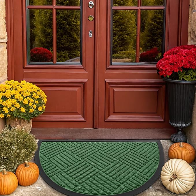 Smiry Half Circle Front Door Mat Outside Entrance, Heavy Duty Outdoor Indoor Natural Rubber Doormat, Non Slip, Trap Dirt and Moisture, Easy Clean, Low Profile Patio Porch Entryway Mat, 29.5x17, Green