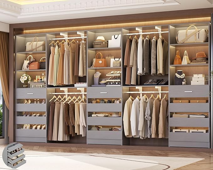 Aheaplus Closet System Set of 3, 138.5" Wood Closet Organizer System Tower with 12 Drawers & 4 Hanging Rods, 6.7+4.85Ft L Shaped Walk-in Closets Wardrobe Organizer Garment Rack with Shelves, Grey