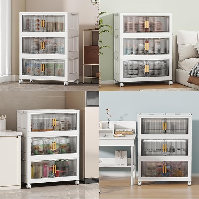 62 Gal Stackable Plastic Storage Bins with Lids 3 Tier, Collapsible Closet Organizers and Storage with Wheels for Living Room,Office,Dorm 26.8" W x 14.4" D x 37" H