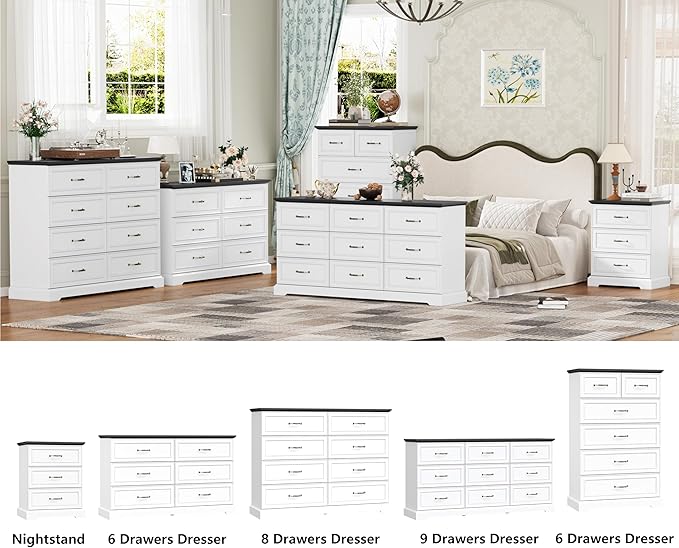 7 Drawer Dresser for Bedroom, 57" Wide Wooden Chest of Drawers, Rustic Farmhouse Dresser with Large Drawers & Metal Handles, Modern Storage Organizer for Closet, Living Room, Hallway, White