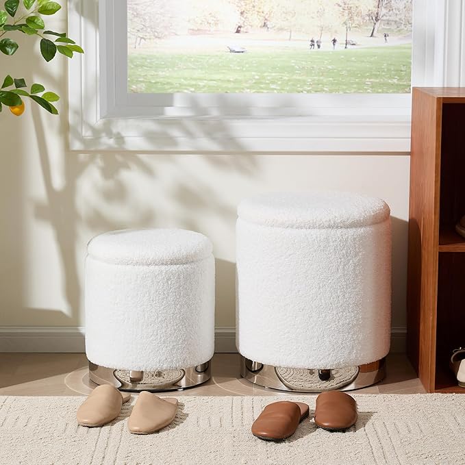Royal Windsor Boucle Round Ottoman with Storage Set of 2, Vanity Stool with Storage for Bedroom, Ottoman Coffee Table Silver-Tone Ring Around The Base, Small Foot Stool for Living Room, White