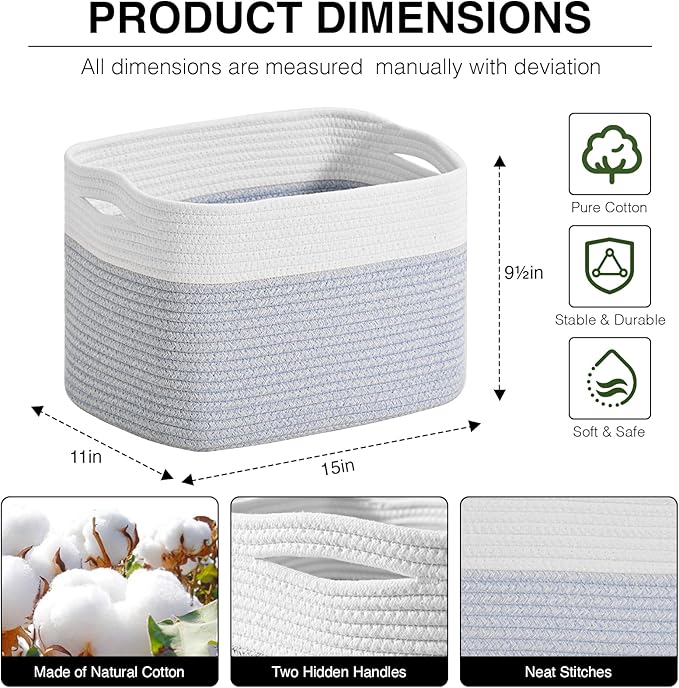Woven Cotton Rope Storage Basket for Organizing, Cute Decorative Baskets for Gifts Empty, Organizer Bins for Dog Toy, Baby Laundry, 15“×11”×9.5“, Off White & Blue