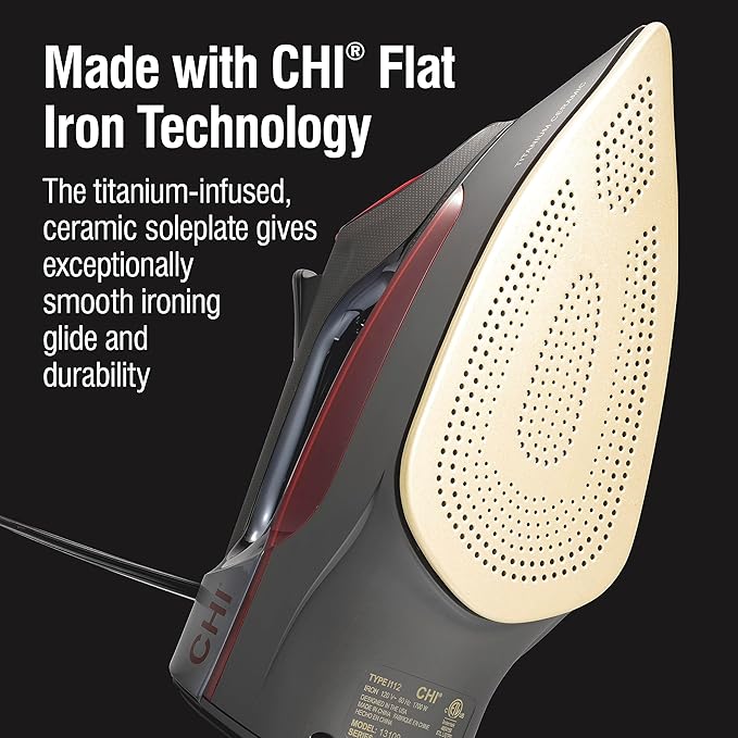 CHI Steam Iron for Clothes with 8’ Retractable Cord, 1700 Watts, 3-Way Auto Shutoff, 400+ Holes, Professional Grade, Temperature Control Dial, Titanium Infused Ceramic Soleplate, Black/Chrome (13109)