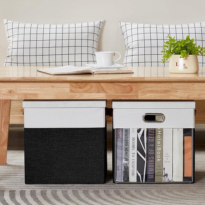 Fabric Storage Cubes with Clear Windows and Lids, 13'' Foldable Storage Bins with 3 Handles, Decorative Storage Boxes for Home, Bedroom, Closet, Office (Balck & White)