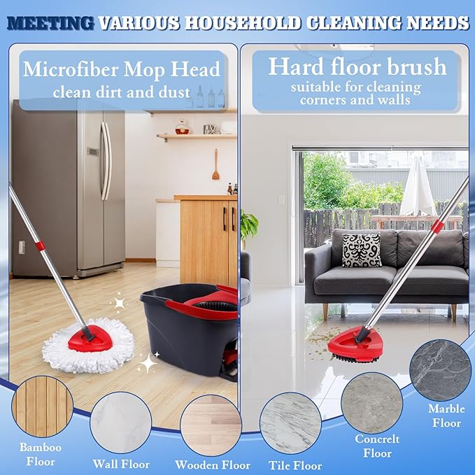 4 Pack Spin Mop Replacements Head Compatible with Oceda EasyWring 1-Tank System,Microfiber Spin Mop Refills Head,1 Mop Scrub Brush + 1 Mop Base + 4 Pack Cleaning Floor Mop Head（White)