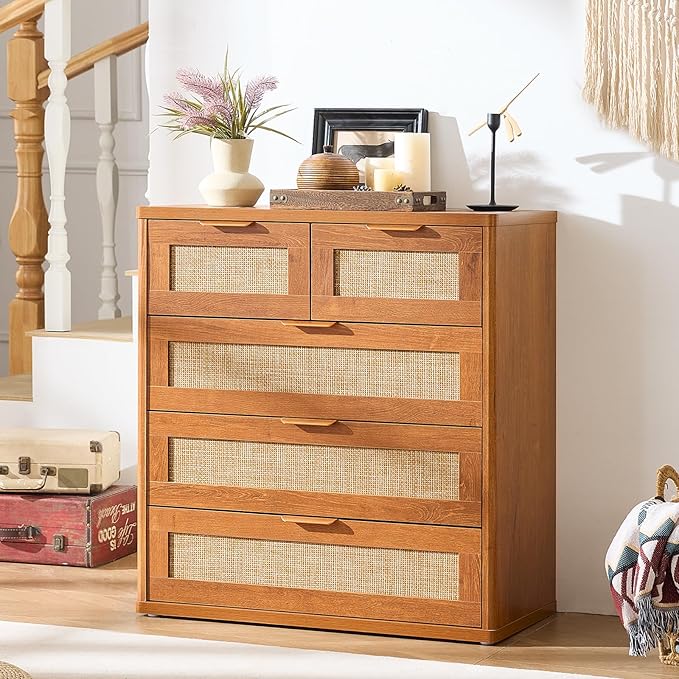 LEYAOYAO Rattan Dresser for Bedroom, 33.5" Tall Chest of Drawers, Modern 5 Drawers Boho Dressers with Storage, Vintage Brown Dresser Wooden Closet Organizer for Living Room, Hallway