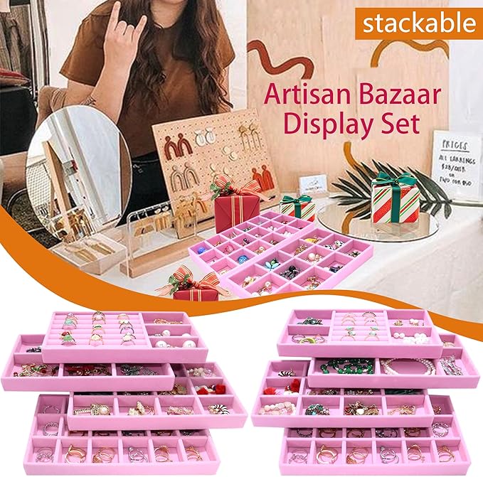 8 Pack Stackable Jewelry Trays Organizer Velvet Earring Organizer Jewelry Tray for Drawers Earring Holder Necklace Bracelet Ring Organizers