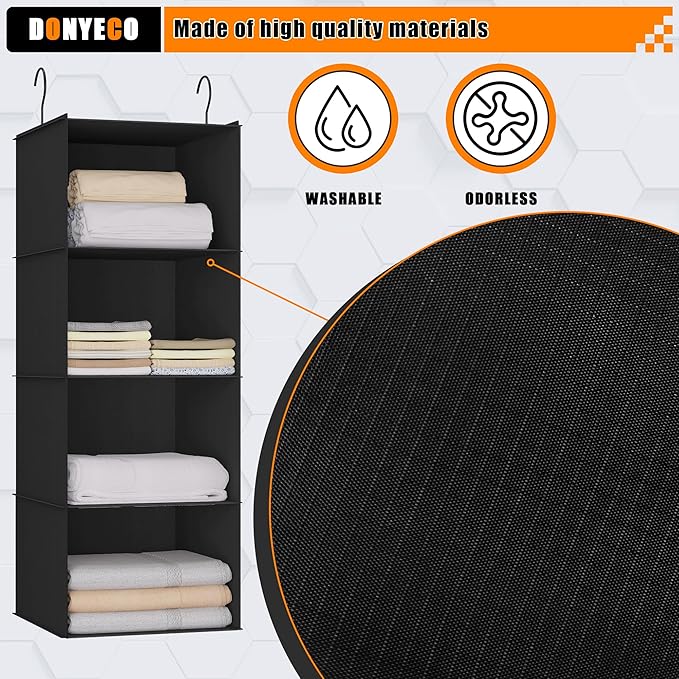 Hanging Closet Organizer, Easy Mount Foldable 4-Shelf Hanging Closet Wardrobe Storage Shelves, Clothes Handbag Shoes Accessories Storage, Washable Oxford Cloth Fabric, Black