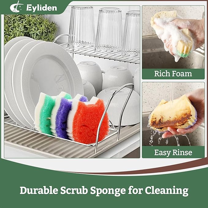 Eyliden 6 Pack Scrub Sponge - Dual-Sided, Smart-Temp Firmness, Dish Scrubber, Non-Scratch, Multi-Surface Safe Cleaning Sponges - Kitchen, Bathroom, Dish for Scrubbing (6)