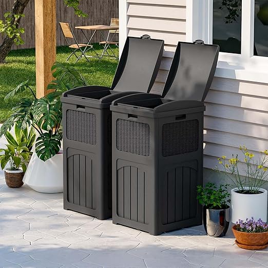 Patiowell 36 Gallon Outdoor Trash Can, Resin Outdoor Garbage Can with Lid for Patio, Backyard, Deck, Black (2 Pack
