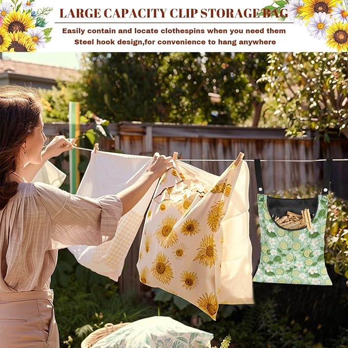 Clothespin Bag for Outdoor Laundry Clothesline and Clothes Pin Holder Clothespin Bag for Clothes Pins Heavy Duty Outdoor Use - Lemons