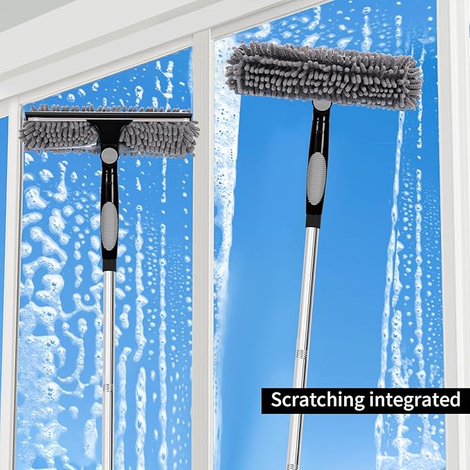 Professional 72'' Window Squeegee Cleaning Washing Tool/Kit with Extension Pole, 3 in 1 Squeegee for Window Cleaning Kit for High Window with 1 Rotatable Head 4 Interchangeable Scrubber