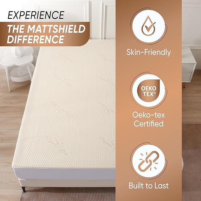 Luxury Waterproof Organic Mattress Protector Twin - Organic Cotton Breathable Mattress Pad Cover - New 380 GSM Comfort - Deep Pocket - Jersey Cotton Skirt - Fitted Comfort