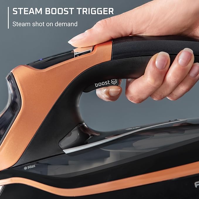 Rowenta Iron Steam Force Pro Steam Iron for Clothes, 1850 Watts, 5 Presets Smart Screen, Stainless Steel Soleplate, High-Efficiency Handheld Ironing, Black Copper, DW9580