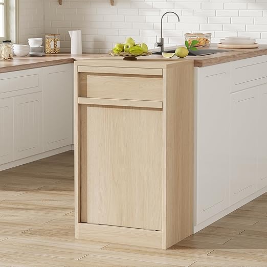 Tilt Out Trash Cabinet, Natural Wood Hidden Garbage Can Cabinet for 10 Gallon Bins, Modern Pet-Proof Trash Cabinets for Kitchen, Dining, Living Room Storage