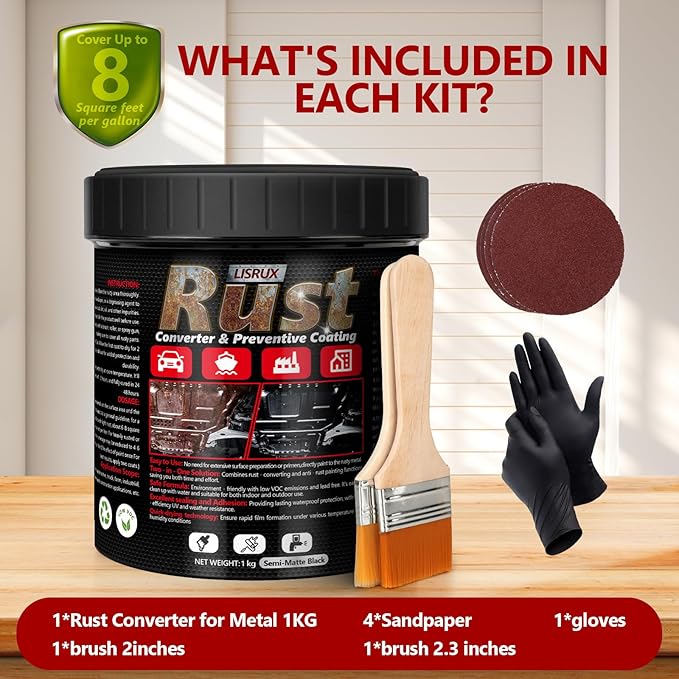 4-in-1 Rust Converter & Metal Primer, 34 Fl Oz Black Rust Inhibitor Paint for Metal, Automotive Rust Reformer, Industrial Grade Water Based, Heat Resistance & UV Resistant