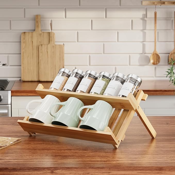 MUDEELA Bamboo Spice Rack Organizer for Cabinet, X-Shaped Foldable Spice Organization, 2 Tier Seasoning Organizer for Kitchen Counter