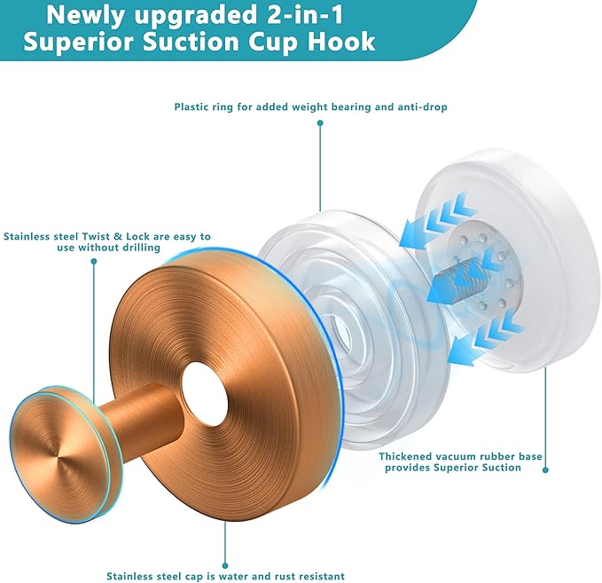 Suction Cup Hooks for Shower,Wreath Hanger for Front Door,Removable No Drill Towel Loofah Hooks,Upgraded 15 lbs Strong Suction for Bathroom,Wall,Glass,Stainless Waterproof-Rose Gold 2 Pcs