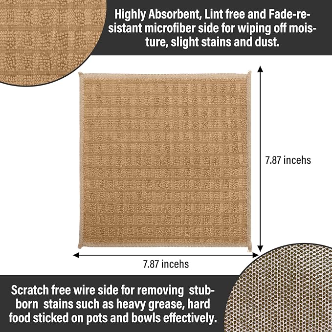 Dish Rags for Washing Dishes 8 Pack Multipurpose Wire Miracle Cleaning Coths Non-Scratch Wire Dishwashing Rag Lint Free Microfiber Cleaning Cloth for Kitchen Windows (Khaki)