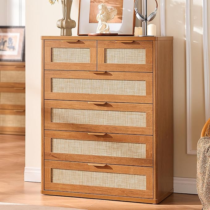 LEYAOYAO Rattan Dresser for Bedroom, 42" Tall Chest of Drawers, Modern 6 Drawers Boho Dressers with Storage, Vintage Brown Dresser Wooden Closet Organizer for Living Room, Hallway
