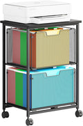 Letter/Legal Rolling File Cart with 2 Storage Drawers, Under Desk Storage, Vertical Filing Cabinet for Home Office, Hanging File Folders Organizer, Mobile Utility Cart Printer Stand, Black