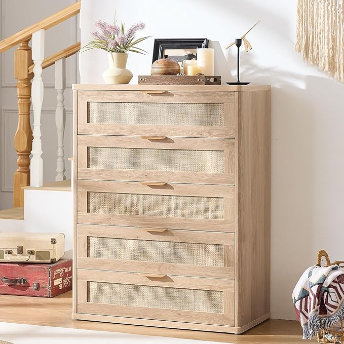 LEYAOYAO Rattan Dresser for Bedroom Set 2, 41" Tall Chest of Drawers, Modern 5 Drawers Boho Dressers with Storage, Light Oak Dresser Wooden Closet Organizer for Living Room, Hallway, Natural Wood