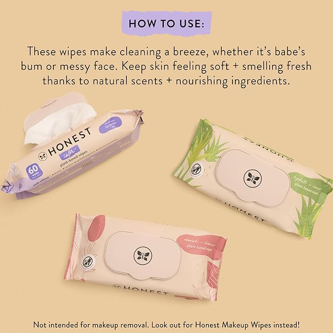 The Honest Company Calm and Cleanse Naturally Scented Wipes Cleansing Multi-Tasking Wipes 99% Water Plant Based Hypoallergenic Lavender 60 Count