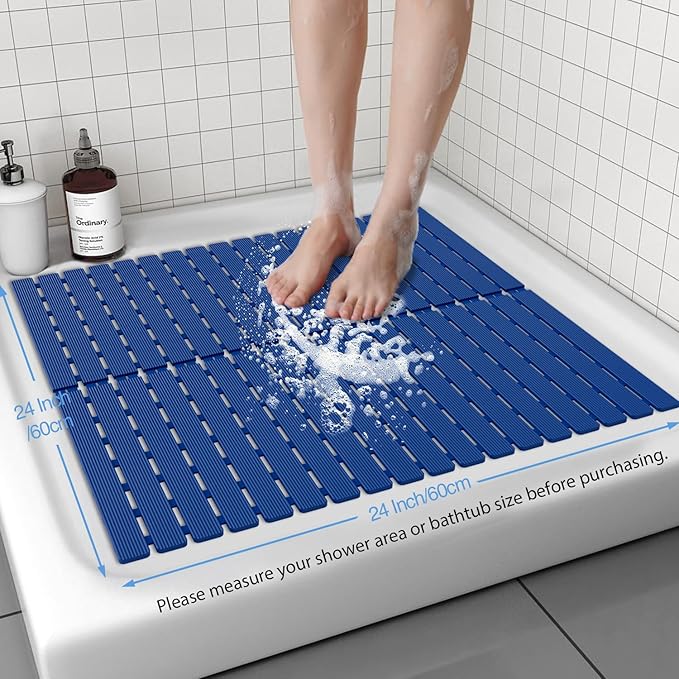 Shower Mat Non-Slip Bath Mat for Tub Floor & Stall with 200+ Suction Cups & Drain Holes, Quick Dry Machine Washable Bathtub Mat, Safe for Elderly& Baby, Bathroom Essentials 24x24 Inch (Blue)