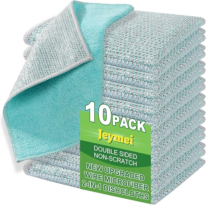 10counts Non Scratch Wire Dishcloth Multipurpose Wire Dishwashing Rag for Washing Dishes,Double Layer Microfiber Cleaning Cloth,Reusable Diamond Weave Steel Wool Scrubber Cloths,Blue