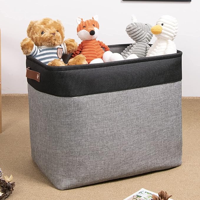 DULLEMELO Large Collapsible Storage Basket/Bin with Sturdy Leather Handles, Fabric Organizer Bin for Storage Clothes, Toys, Books, Office, Bedroom, Closet, Nursery & Laundry (Black&Gray)
