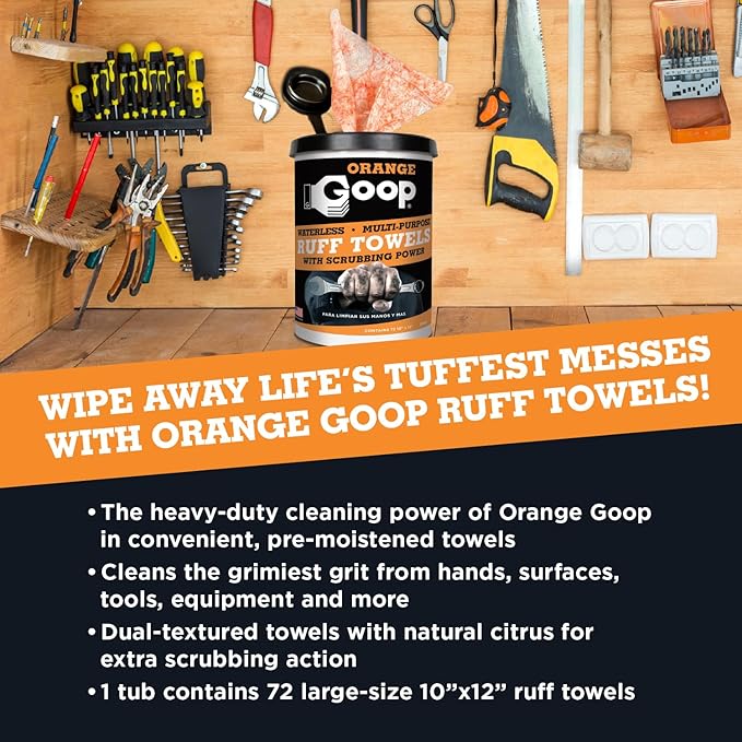 GOOP Orange Heavy Duty Ruff Towels with Scrubbing Power, 10” x 12” Dual Textured Multi-Purpose Cleaning Wipes, Removes Dirt, Grease, Oil, 72 Count