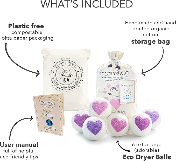 Friendsheep Organic Wool Dryer Balls Pink Purple Hearts 6 Pack XL Premium Reusable Cruelty Free Handmade Fair Trade No Lint Fabric Softener - Lovely Day
