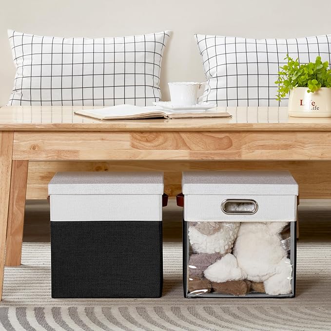 Fabric Storage Cubes with Clear Windows and Lids 11'' Foldable Storage Bins with 3 Handles, Decorative Storage Boxes for Home, Bedroom, Closet, Office (Balck & White)