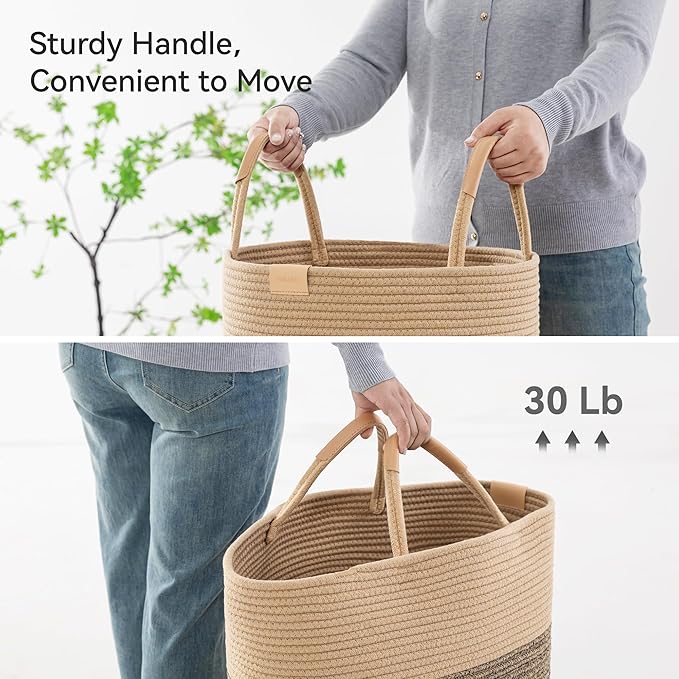 75L Striped Laundry Hamper with Leather Handles,Large Foldable Laundry Basket for Clothes,Cotton Rope Storage Bin for Blankets,Woven Clothes Basket for Bedroom,Dark Brown Stripes