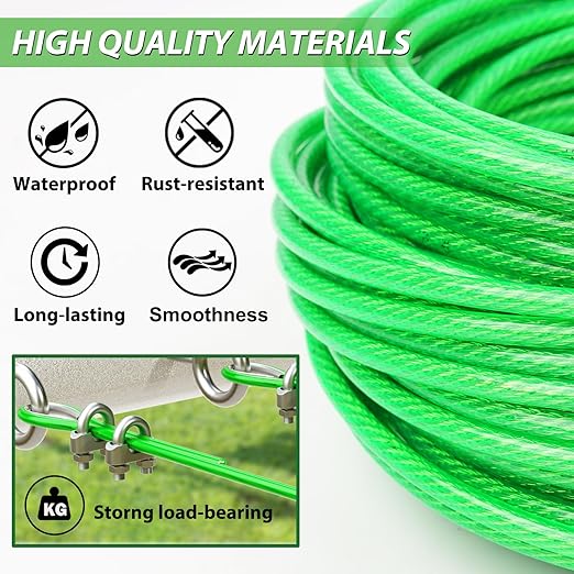 1/8" Wire Rope, 100 Ft PVC Coated Wire Cable Metal Steel Cable Trellis Kit, Multi-use Clothes Line for T Post/Climbing Grapevines Plants Outdoor/String Light Hanging Kit