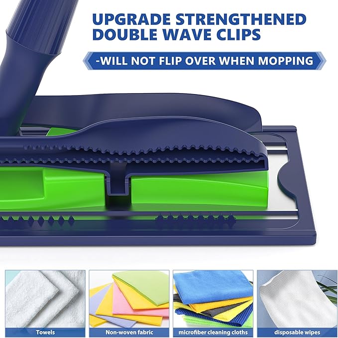 MEXERRIS Microfiber Mops for Hardwood Laminate Tile Floor Cleaning: Stainless Steel Handle - 4 Reusable Flat Mop Refills and 1 Dirt Removal Scrubber Included - Dry Dust Mop Commercial Home Use