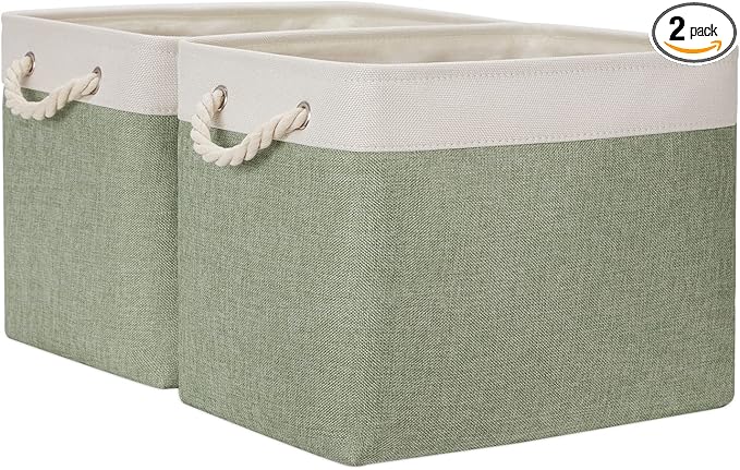 Temary Storage Baskets Fabric Storage Bins for Shelves, 2 Pack Decorative Storage Boxes Canvas Storage Basket with Handles for Organizing Clothes, Books(White&Green,16Lx12Wx12H Inches)