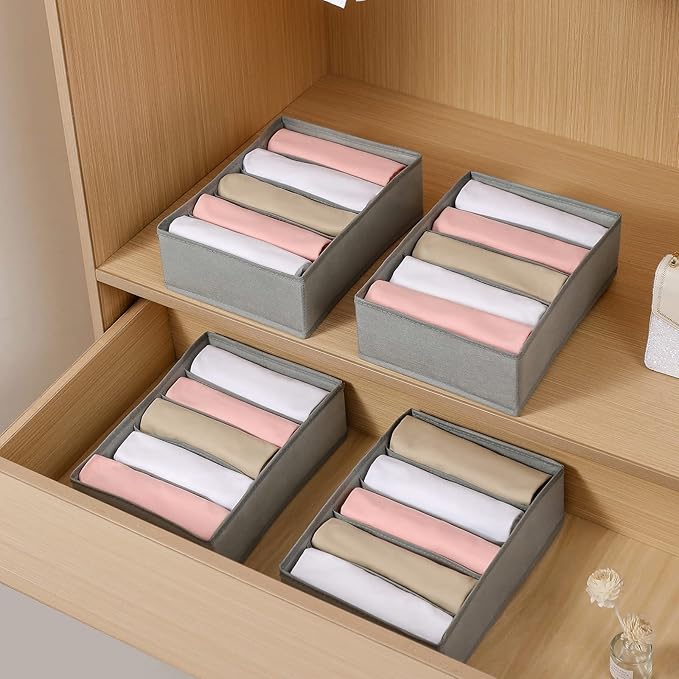 4 Packs T-shirt Drawer Organizers for Clothing,5 Grids Compartment Wardrobe Storage Box, Washable Clothes Organizer for Folded Clothes, T-shirt, Legging, Silk Scarve-Grey