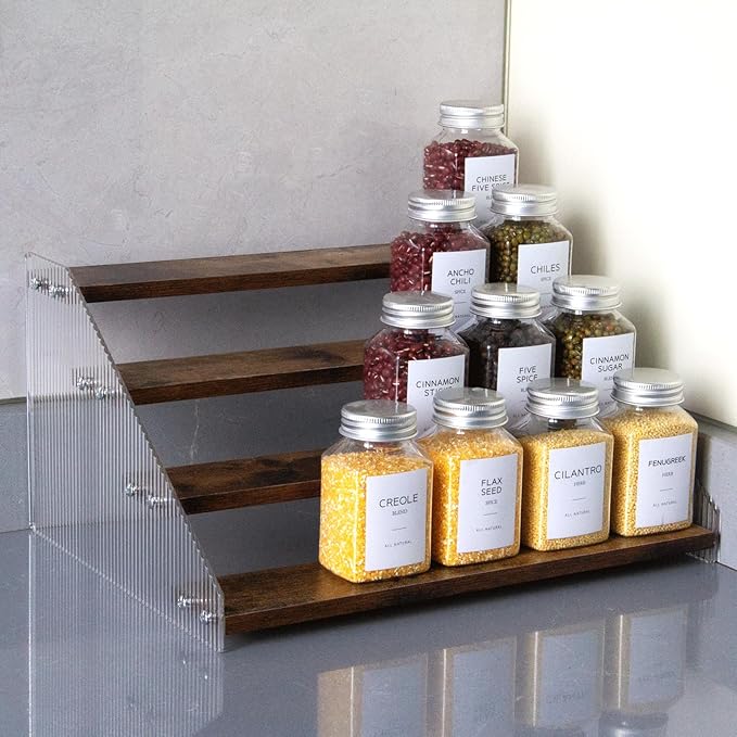 nianfeng Tiered Spice Rack, 4-Tier Spice Pantry Kitchen Cabinet Organizer, 12-Inch, Natural Wood Acrylic Stair Riser Stand, Countertop Seasoning Shelf (Rustic Brown)