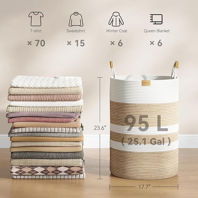 95L Striped Laundry Hamper with Leather Handles,Large Foldable Laundry Basket for Clothes,Cotton Rope Storage Bin for Blankets,Woven Clothes Basket for Bedroom,Beige Stripes