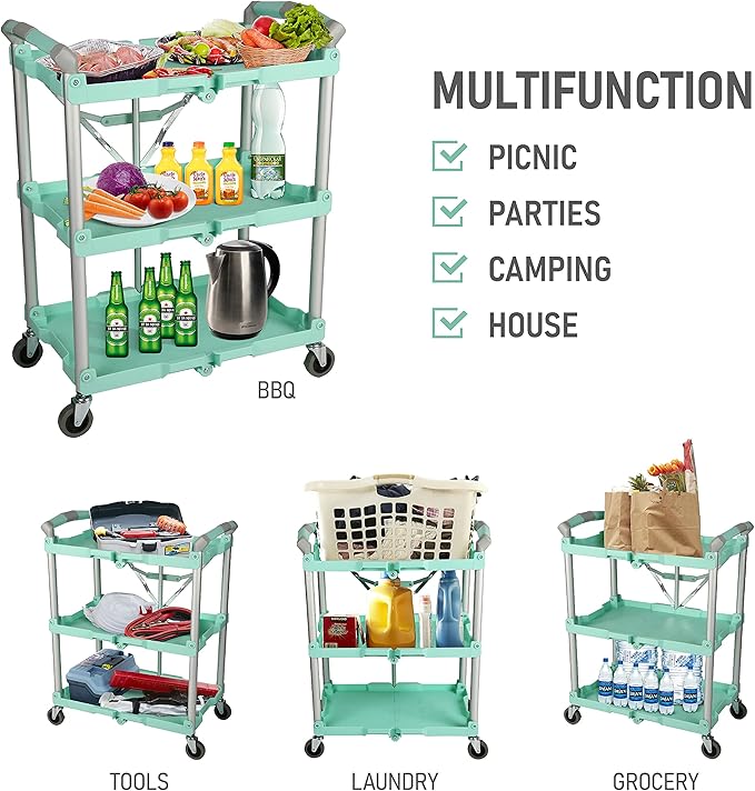 Olympia Tools 89-349 Pack-N-Roll Folding Collapsible Service Cart, 150LB Capacity, Teal
