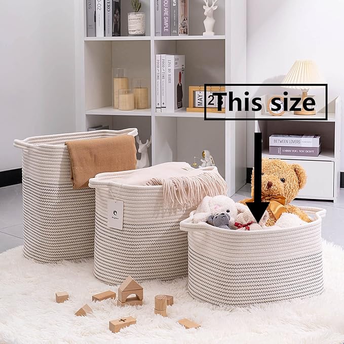 Medium and Large Woven Basket//With Handle, Used for Toys and Fabric Storage Basket used for Storing xl Storage Box, Decorative Storage Box Room 2pack (14L*10W*8.6H White/Black Line, 14Lx10Wx8.6H)