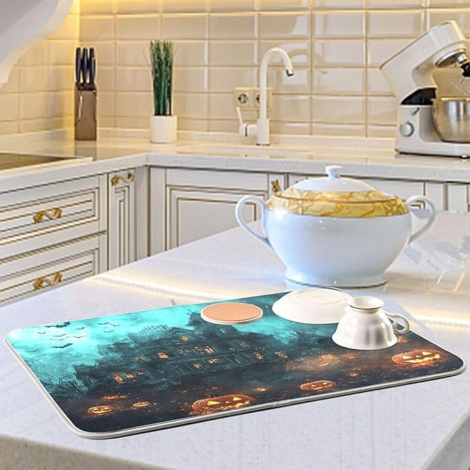 Halloween Castle Dish Drying Mat for Kitchen Countertop 18x24 Spooky Witch Pumpkin Lantern Large Drying Mat Reusable Quick Dry Dish Sink Mats Easy Clean Decorative Essentials