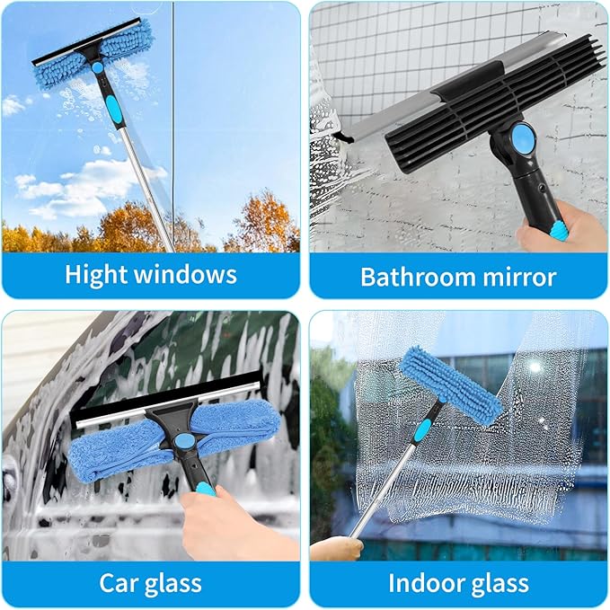 Professional 72'' Window Squeegee Cleaning Washing Tool/Kit with Extension Pole, 3 in 1 Squeegee for Window Cleaning Kit for High Window with 1 Rotatable Head 4 Interchangeable Scrubber
