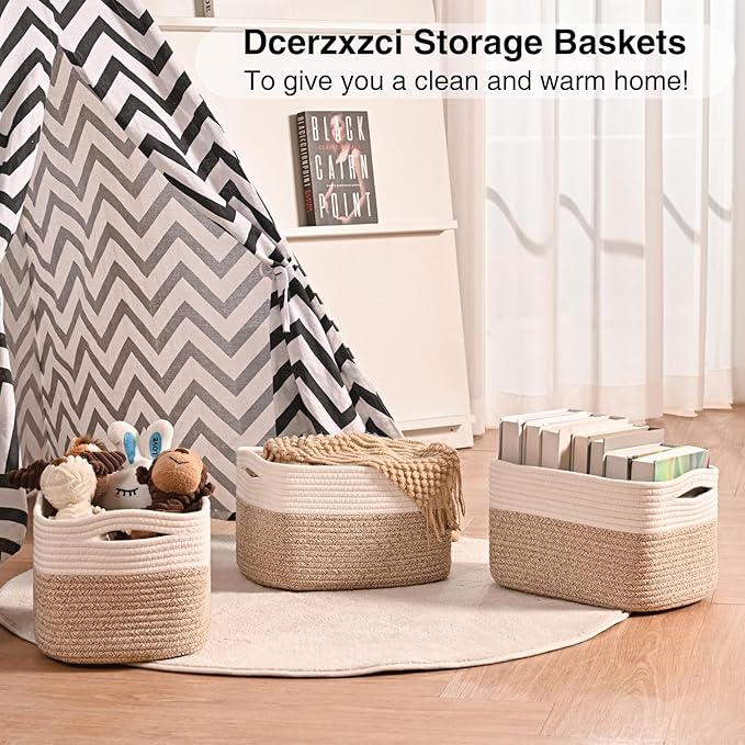 Small Storage Baskets for Organizing, Woven Storage Baskets for Shelves, Cotton Rope Basket for Storage, Cute Rectangular Book Toy Basket, 12.7"×9.1"×7.9", 4 Packs, Off White & Brown