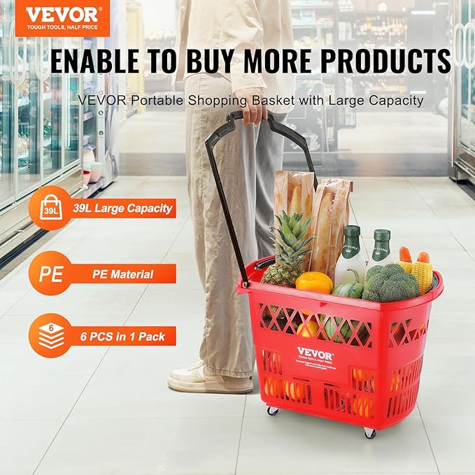 VEVOR Shopping Carts with Handles, 6PCS, 39L Plastic Rolling Shopping Basket with Wheels, Large Portable Shopping Basket Set for Supermarkets, Retail Stores, Grocery Shopping, Red