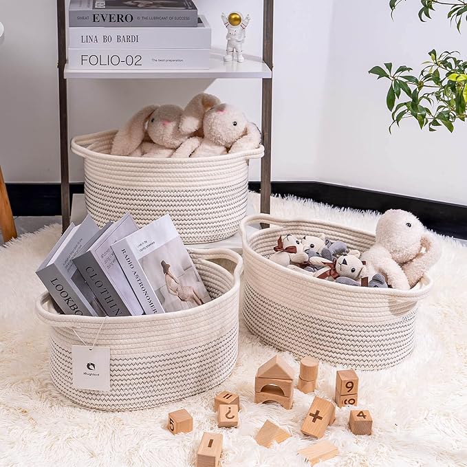 Medium and Large Woven Basket//With Handle, Used for Toys and Fabric Storage Basket used for Storing xl Storage Box, Decorative Storage Box Room 2pack (White/black line, L13×W9×H7)