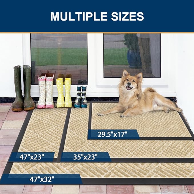 Smiry Front Door Mat Outside Entrance, Heavy Duty Outdoor Indoor Natural Rubber Doormat, Non Slip, Trap Dirt and Moisture, Easy Clean, Low Profile Patio Porch Entryway Mat, 47x23, Beige
