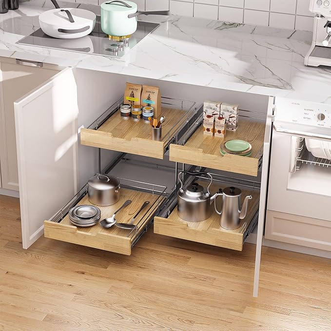 Pull Out Cabinet Organizer,Heavy-Duty Slide Out Shelf, Wood and Wire Basket, Pull Out Drawer for for Kitchen Under Sink Space, Pantry, Bathroom, 2 Tie 23 * 21 in